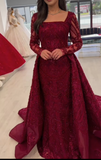 Ndyad Square Neck Sheath Long Prom Dress Tulle Beaded Burgundy Evening Dress HZ1024