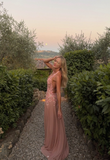 Ndyad Halter Sheath Long Prom Dresses Chiffon Flowers Gray-Pink Birthday Dresses HZ1024