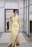 Ndyad Yellow Strapless Sheath Satin Bridesmaid Dresses with Slits Yellow Formal Evening Dress HZ1024