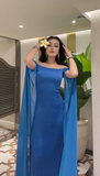 Ndyad Off Shoulder Sheath Blue Long Prom Dresses Chiffon Blue Wedding Guest Dresses HZ1024