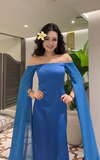 Ndyad Off Shoulder Sheath Blue Long Prom Dresses Chiffon Blue Wedding Guest Dresses HZ1024