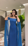 Ndyad Off Shoulder Sheath Blue Long Prom Dresses Chiffon Blue Wedding Guest Dresses HZ1024