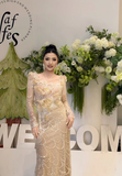 Ndyad Sheath Long Prom Dresses Tulle Sequin Champagne Wedding Guest Dresses HZ1024