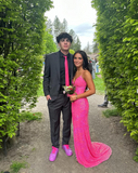 Ndyad Spaghetti Strap Sheath Long Prom Dresses with Slits Sequin Fuchsia Formal Dresses HZ1024