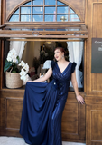 Ndyad V-neck Sheath Navy Blue Mother of the Bride Dresses Satin Navy Blue Wedding Guest Dresses HZ1024