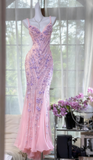 Ndyad Spaghetti Strap Mermaid Pink Long Prom Dresses Chiffon Beaded Pink Formal Dresses HZ1024