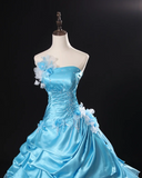 Ndyad Strapless Ball Gown Blue Long Prom Dresses Satin Blue Quinceanera Dresses Sweet 16 Dress HZ1024
