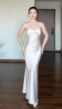 Ndyad V neck Sheath Long Prom Dresses Satin Wedding Guest Dresses HZ1024