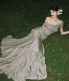 Ndyad Off Shoulder Sheath Long Prom Dresses Silk Formal Dresses HZ1024