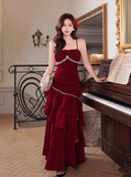 Ndyad Spaghetti Strap Sheath Burgundy Long Prom Dresses Burgundy Birthday Dresses Ruffle Velvet Sleeveless New Year's Evening Dress HZ1024