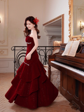 Ndyad Spaghetti Strap Sheath Burgundy Long Prom Dresses Burgundy Birthday Dresses Ruffle Velvet Sleeveless New Year's Evening Dress HZ1024
