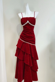 Ndyad Spaghetti Strap Sheath Burgundy Long Prom Dresses Burgundy Birthday Dresses Ruffle Velvet Sleeveless New Year's Evening Dress HZ1024