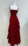 Ndyad Spaghetti Strap Sheath Burgundy Long Prom Dresses Burgundy Birthday Dresses Ruffle Velvet Sleeveless New Year's Evening Dress HZ1024