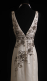 Ndyad V-neck Sheath Beige Long Prom Dresses Beaded Chiffon Open Back Evening Dresses HZ1024