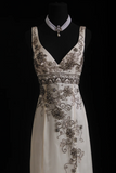 Ndyad V-neck Sheath Beige Long Prom Dresses Beaded Chiffon Open Back Evening Dresses HZ1024