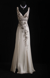 Ndyad V-neck Sheath Beige Long Prom Dresses Beaded Chiffon Open Back Evening Dresses HZ1024