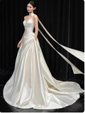Ndyad Strapless Satin Long Wedding Dresses Sleeveless White Bridal Gowns HZ1024