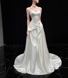 Ndyad Strapless Satin Long Wedding Dresses Sleeveless White Bridal Gowns HZ1024
