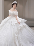 Ndyad Off-the-shoulder Ball Gown Lace Long Wedding Dresses Applique White Bridal Gowns Short Sleeve Bridal Dresses HZ1024