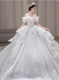 Ndyad Off-the-shoulder Ball Gown Lace Long Wedding Dresses Applique White Bridal Gowns Short Sleeve Bridal Dresses HZ1024
