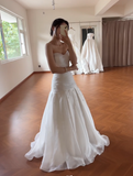 Ndyad Strapless A-Line Long Wedding Dresses Beaded Tulle Bridal Gowns Sleeveless Bridal Dresses HZ1024