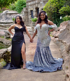 Ndyad Sweetheart Sheath Black Long Prom Dresses with Slit Beaded Satin Black Evening Dresses HZ1024
