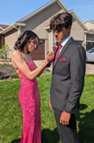 Ndyad Spaghetti Strap Sheath Fuchsia Long Prom Dresses with Slits Fuchsia Formal Dresses HZ1024