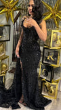 Ndyad Strapless Sheath Black Long Prom Dresses with Slits Beaded Tulle Black Birthday Dresses HZ1024