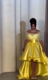 Ndyad Off-the-shoulder A-Line Yellow Prom Dresses Satin Yellow Birthday Dresses HZ1024