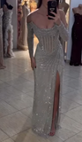 Ndyad Off-the-shoulder Sheath Silver Long Prom Dresses with Slits Sequined Silver Evening Dresses HZ1024