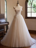Evafashion Sweetheart Neck Tulle Champagne Long Prom Dress With Lace HZ1024