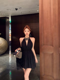 Evafashion diamond v-neck black halter dress birthday dress HZ1024