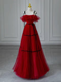 Evafashion Off Shoulder Tulle Burgundy Long Prom Dress, Burgundy Long Formal Dress HZ1024