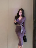 Ndyad V-neck lace high waist long sleeve dress HZ1024