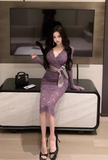 Ndyad V-neck lace high waist long sleeve dress HZ1024