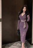 Ndyad V-neck lace high waist long sleeve dress HZ1024