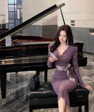 Ndyad V-neck lace high waist long sleeve dress HZ1024