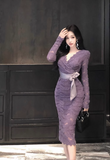 Ndyad V-neck lace high waist long sleeve dress HZ1024