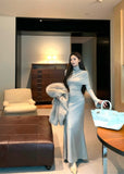 Ndyad Temperament trumpet sleeve high collar dress + neck cape HZ1024
