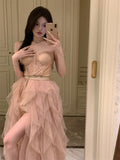 Ndyad heavy mesh lace tube top irregular slit dress HZ1024