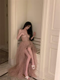 Ndyad heavy mesh lace tube top irregular slit dress HZ1024