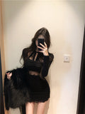 Ndyad lace stitching slim fit long sleeve halter neck knitted dress HZ1024