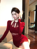 Ndyad lace stitching slim fit long sleeve halter neck knitted dress HZ1024
