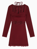 Ndyad lace stitching slim fit long sleeve halter neck knitted dress HZ1024