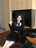 Ndyad lace stitching slim fit long sleeve halter neck knitted dress HZ1024