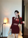 Ndyad lace stitching slim fit long sleeve halter neck knitted dress HZ1024