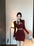 Ndyad lace stitching slim fit long sleeve halter neck knitted dress HZ1024