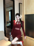 Ndyad lace stitching slim fit long sleeve halter neck knitted dress HZ1024