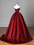 Evafashion A-Line Satin Burgundy Long Prom Dress, Burgundy Long Evening Dress HZ1024