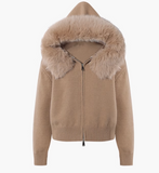 Ndyad New Style Fashion Hooded Fur Collar Zipper Loose Sweater HZ1024